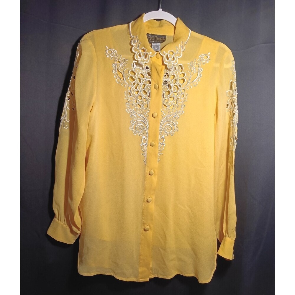 Bob Mackie Wearable Art Silk 2‑Piece Set Yellow Embroidered Cut Out Top Blouse M